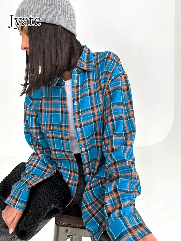 Jyate 2024 Fashion Streetwear Blue Plaid Shirts Women Casual Long Sleeves Lapel Blouses And Tops Oversize Office Ladies Shirt