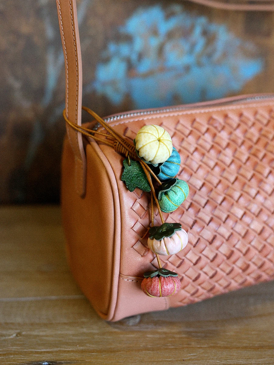 Adorable Miniature Pumpkin String Handmade Tanned Genuine Leather Craft Vintage Artistic Bag Charm Pendant Gift for Besties
