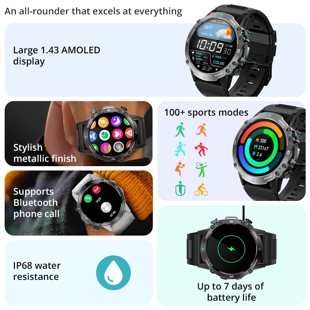 COLMI M42 Smartwatch 1.43'' AMOLED Display 100 Sports Modes Voice Calling Smart Watch Men Women Military Grade Toughness Watch