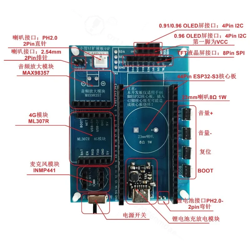 ESP32-S3 Expansion Board, 44Pin 42P Base Board, Replace Breadboard, Support ML307R 4G Module For AI Development Project
