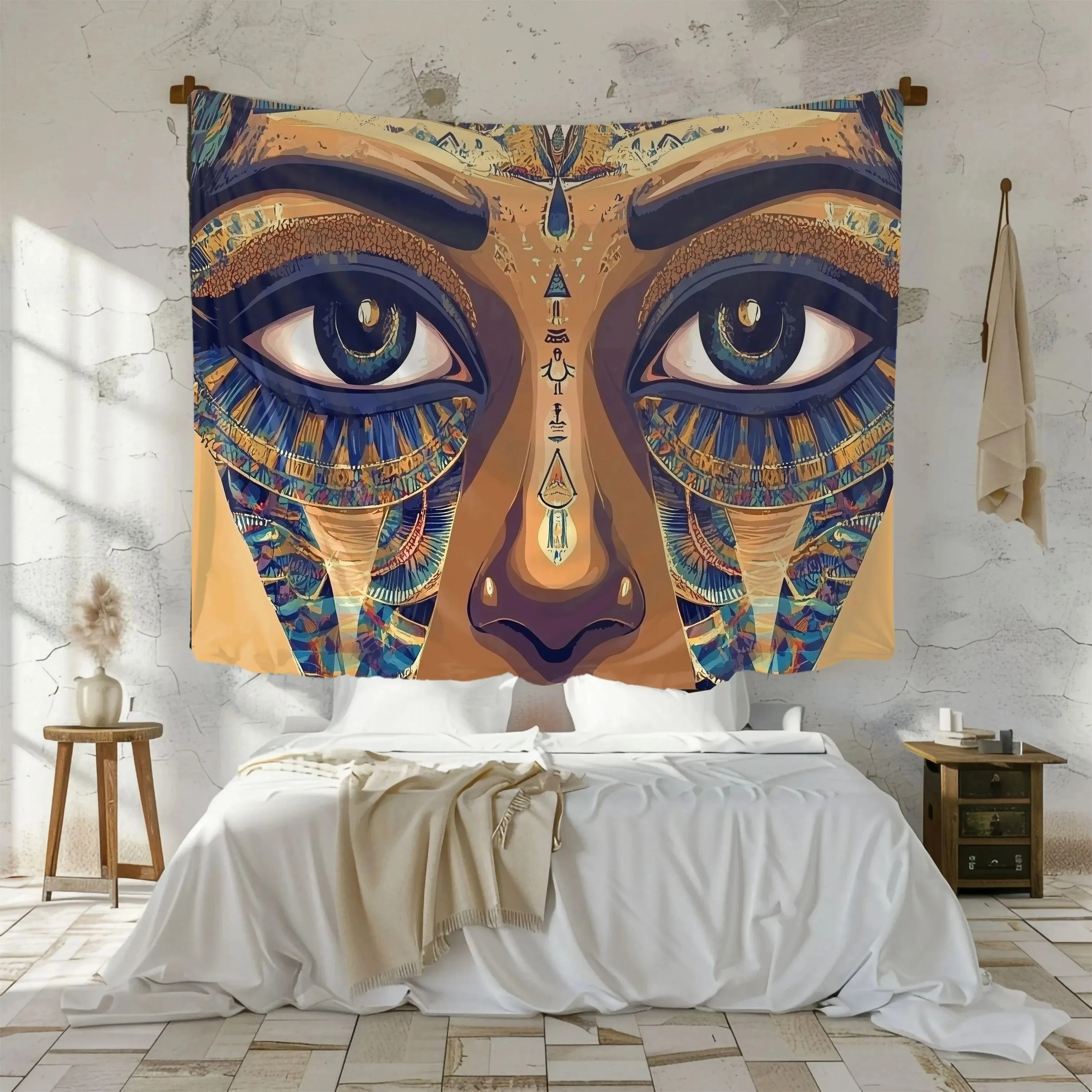 

Ancient Egyptian Pharaoh Eyes Tapestry Tribal Face Wall Hanging Peach Skin Fabric Bohemian Art Decor for Bedroom Living Room