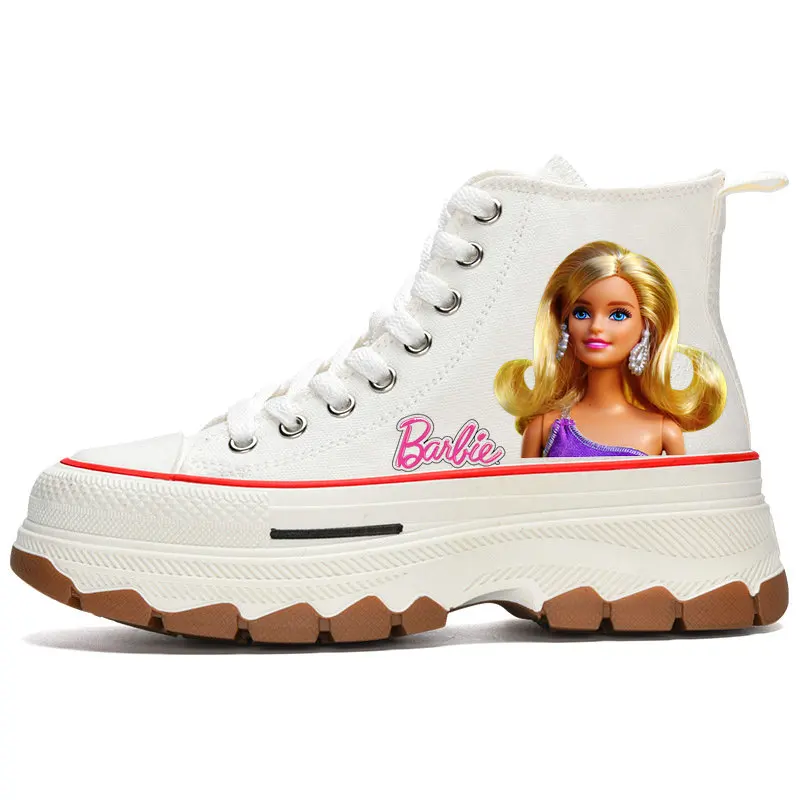 Woman Barbie Shoes Girls High Top Canvas teen  Casual Sneakers  White Shoes Cartoon Barbie Tennis elevator shoes Size 35-40