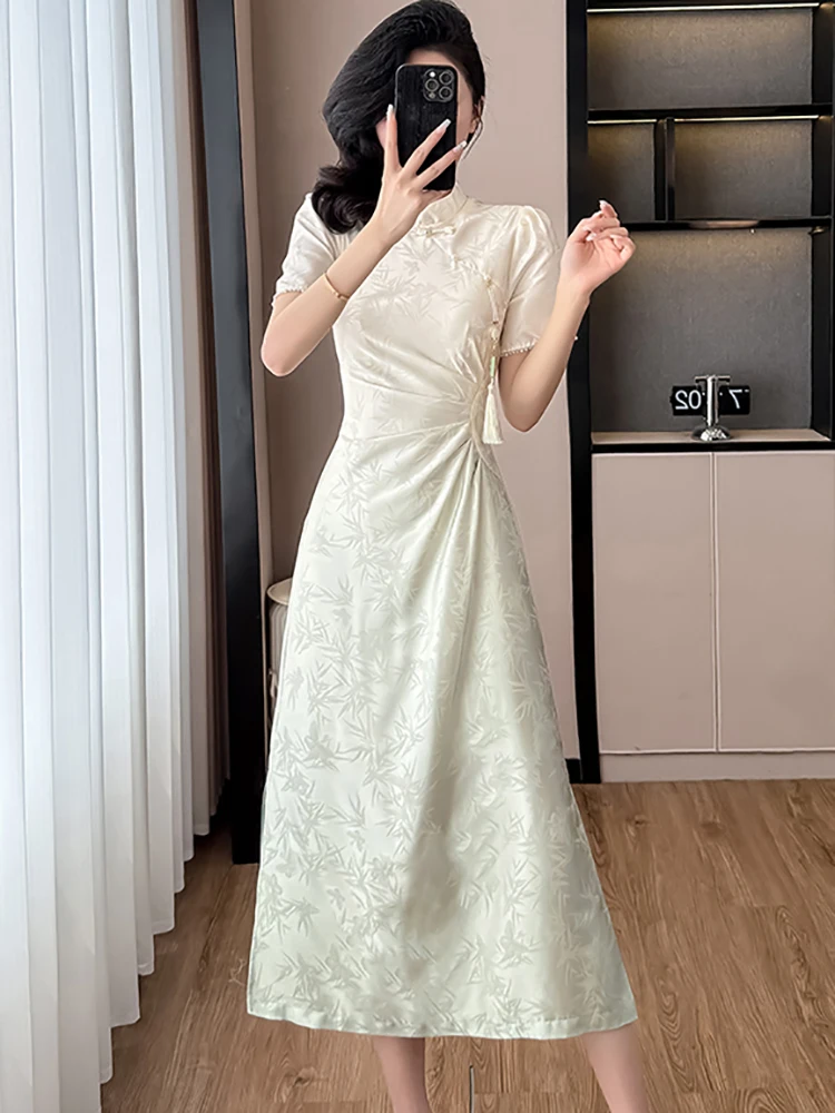 Women Korean Vintage Luxury Evening Dress Gown Summer White Jacquard Tassel Dress 2025 New Pleated Bodycon Casual Holiday Dress