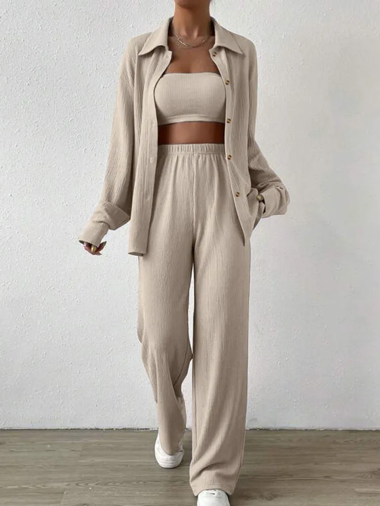 Women\'s Shirt Wide Leg Trousers Two Piece Suit Sets Spring Fall Khaki Casual Fashion Two-piece Suit For Women Elegant Clothing