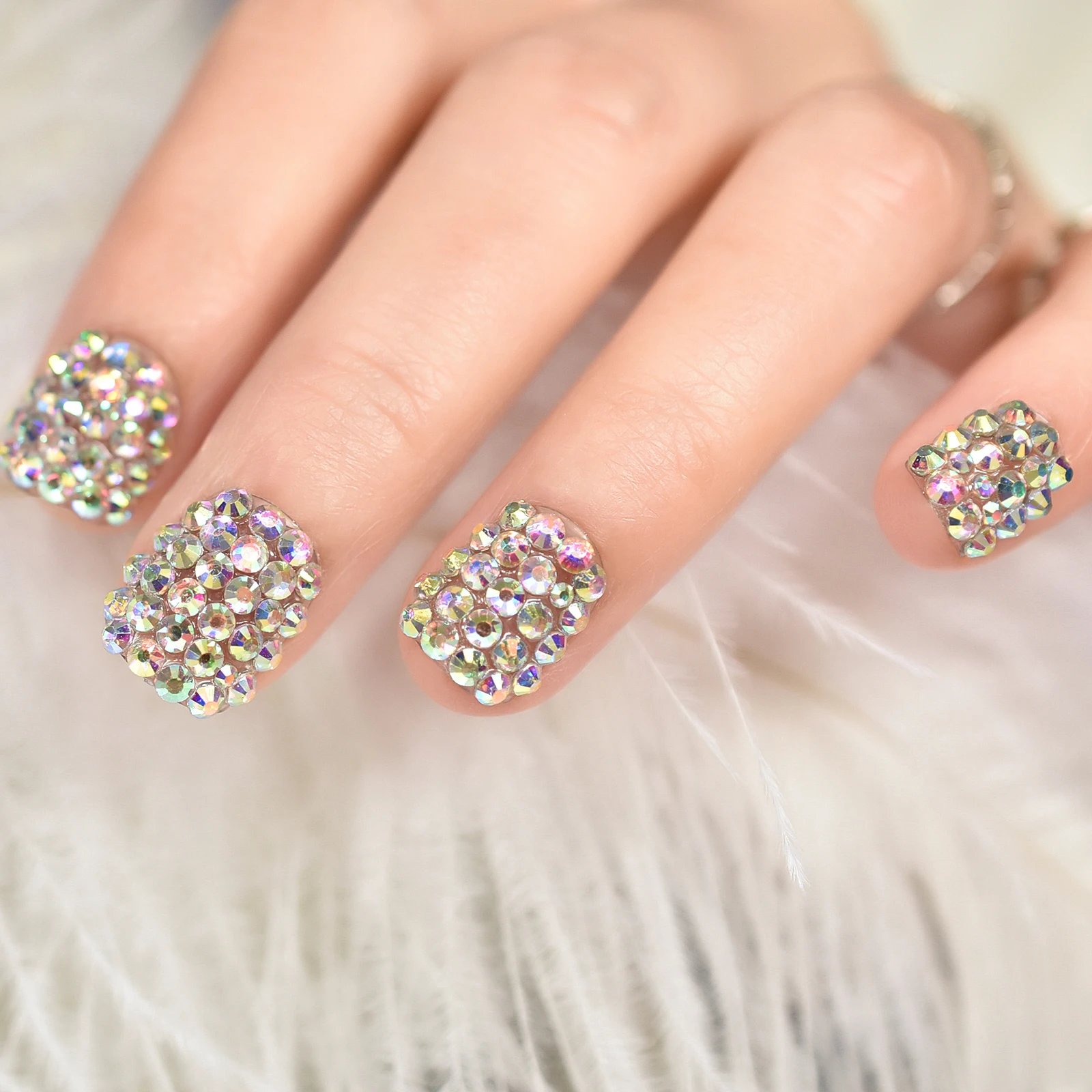 24pcs Short Round Full With Stone Manicure At Home Designed Fingernails Press On Nail Tips For Wholesale Daily Wear With Tool