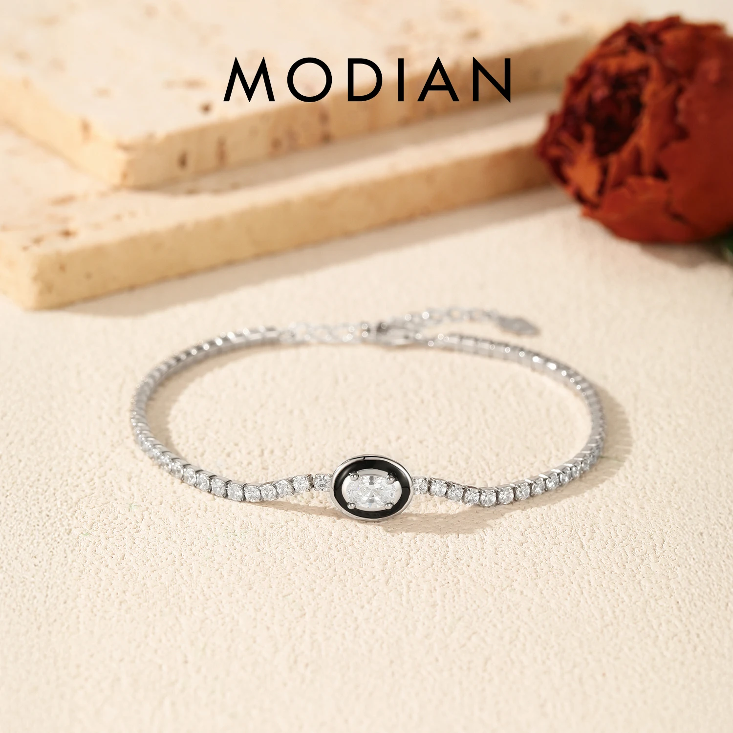MODIAN 925 Sterling Silver Classic Oval Clear CZ Black Enamel Tennis Stackable Bracelets For Women Fine Jewelry Accessories