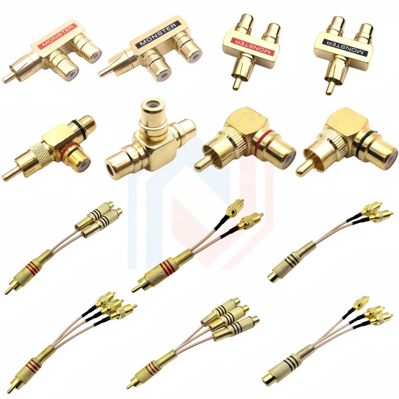 Pure Copper Gold-Plated RCA Audio-Video Adapter Lotus-Shaped Three-Way One-In-One-Two-Out AV Conversion Plug