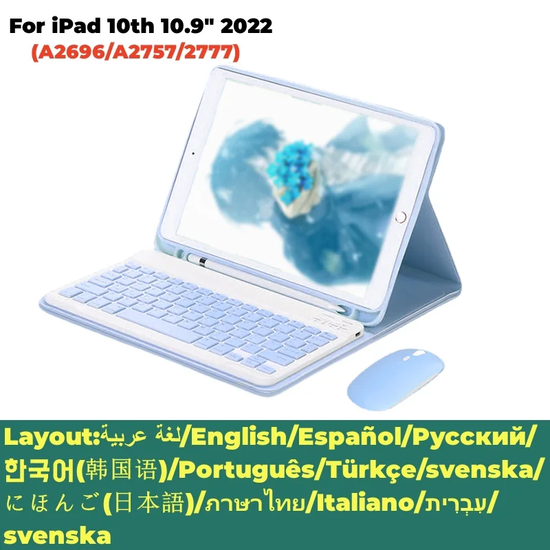 

For iPad 10th Generation Case With Wireless Bluetooth Keyboard Cover Stand Mouse Korean Russian Spanish Arabic Hebrew Keyboard