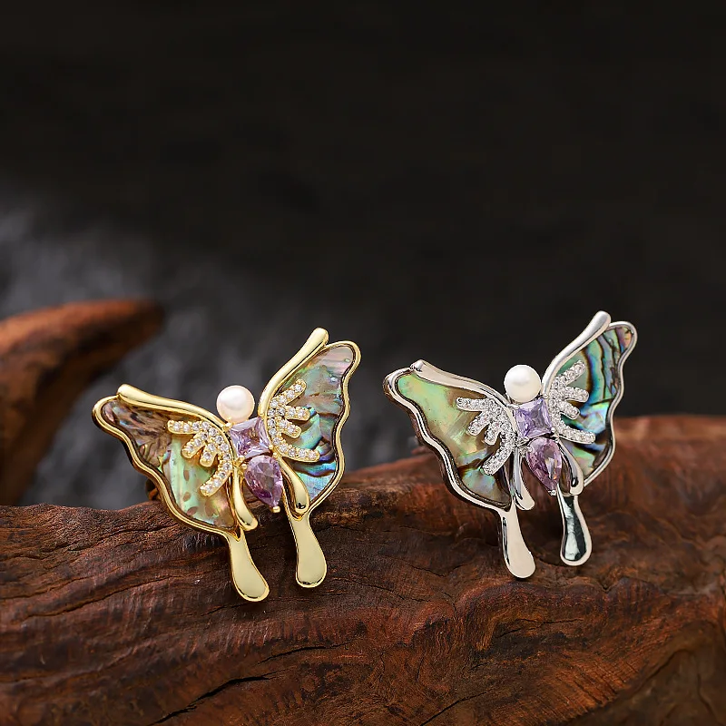 

Fashionable, gentle, exquisite, diamond-encrusted pearls, natural abalone and oyster butterfly open rings, bestie jewelry