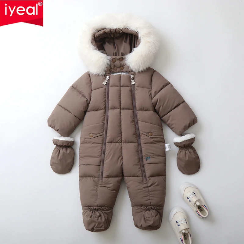 IYEAL Fur Hooded Warm Snowsuit Coat Plush Lining Romper Winter Toddler Girls Overalls Baby Boy Jumpsuit Newborn Baby Clothes