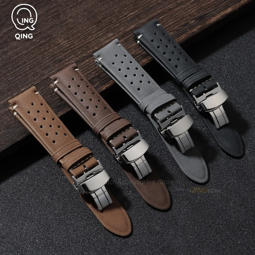 18mm 20mm 22mm Matte Perforated Breathable Leather Watch Strap Business Deployment Clasp Watch Band for Seiko for Rolex Bracelet