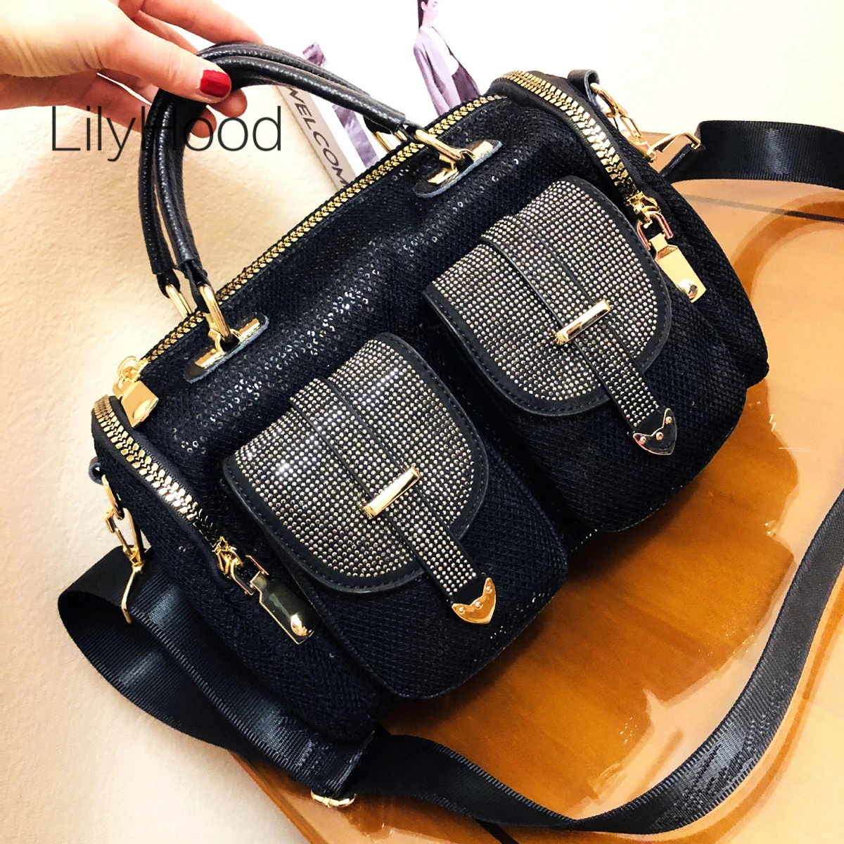 Female Fashion Mesh Netting Diamonds Multi-pockets Messenger Bag 2024 Women Trends Shiny Rhinestone Boston Satchel Shoulder Bag