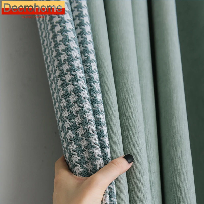 

New Luxury Green Thousand Bird Grid Cotton Linen Thickened Splicing Curtains for Living Room Bedroom French Window Customized