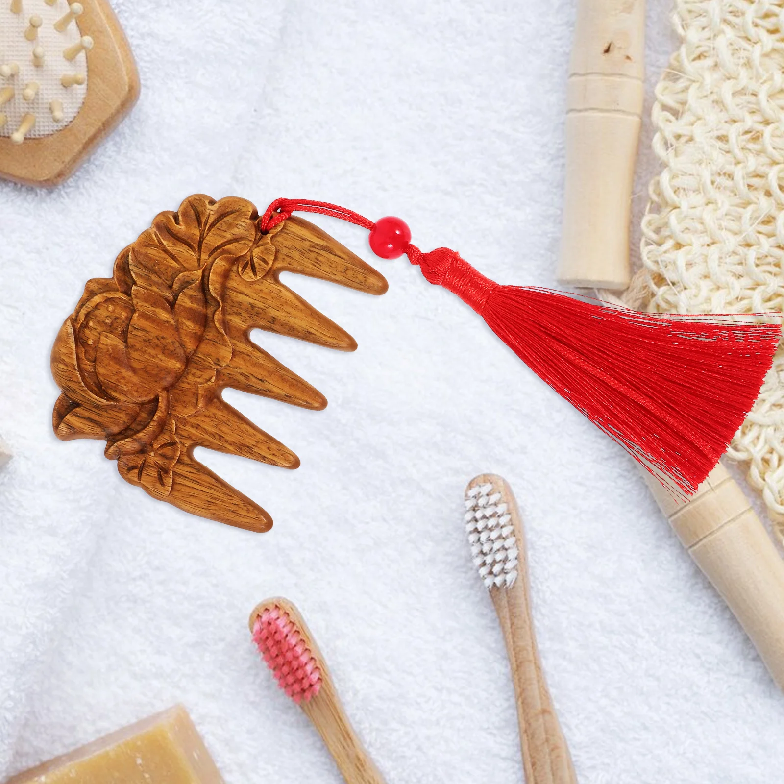 หวีไม้ลายดอกบัวไม้จันทน์สีม่วง หวีซี่ห่าง สำหรับสางผม หวีขนาดเล็กพกพาสะดวก นวดหนังศีรษะ