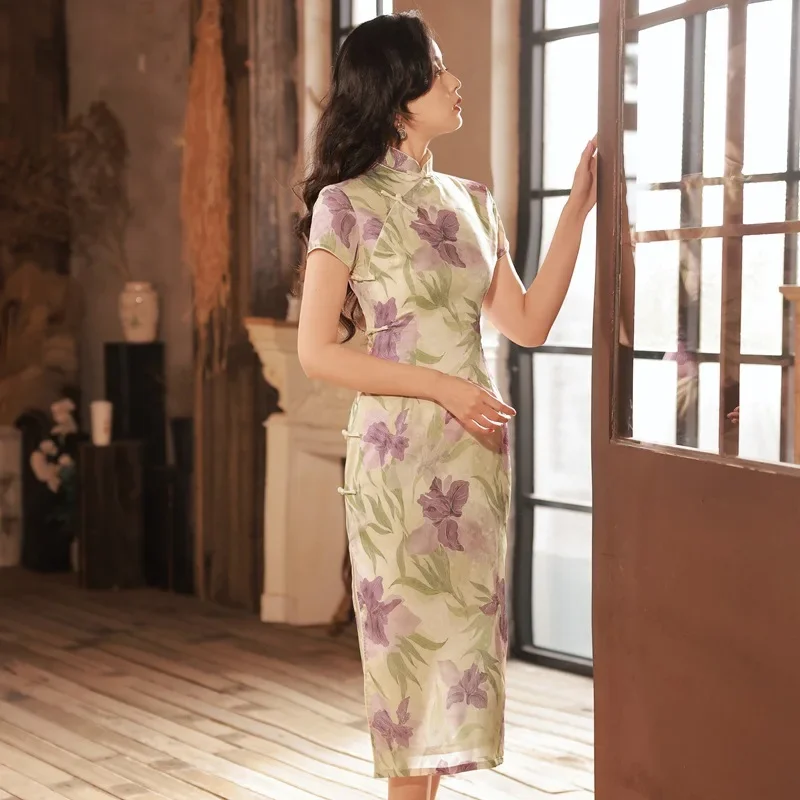 

Yourqipao Лето Ретро Улучшенное Cheongsam с большим цветком Элегантная нежная женская юбка Вечернее платье в китайском стиле Qipao для женщин