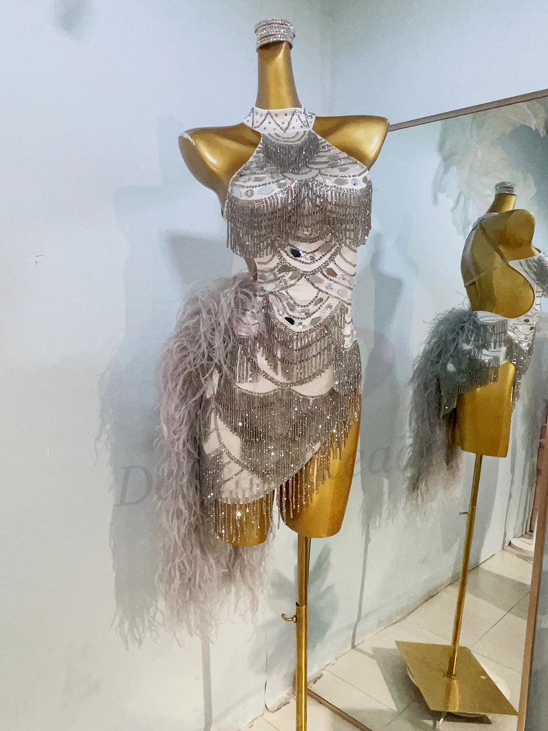 Latin Dance Rhinestone Women's High-end Custom Silver Bead Tube Tassel Velvet Tail Samba Performance High Flash Dress