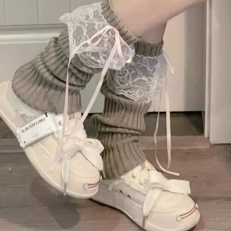 Lolita Knitted Lace Bow Leg Warmers Women Girls Soft Calf Warmer Y2K Long Socks Bow Ribbon Japanese Fashion Casual Leg Warmers