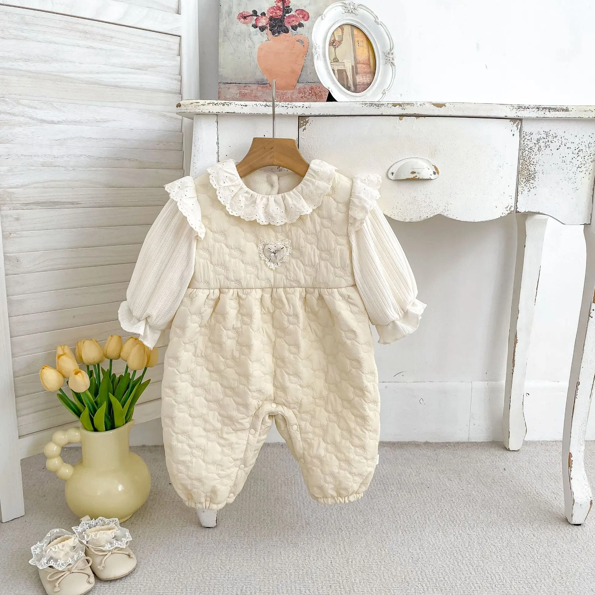 2026 New Winter Korean Baby Girls Patchwork Thick Romper | Long Sleeve Princess Bodysuit Crawler | Sweet 1st Birthday Outfit