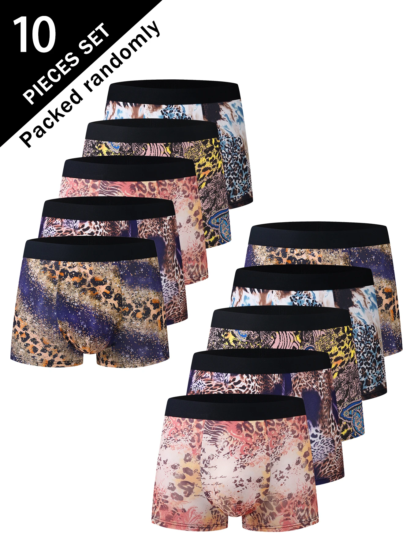 

Набор из 10 мужских трусов-боксеров с леопардовым принтом, разные узоры, дышащие, со средней посадкой, с оригинальным животным принтом