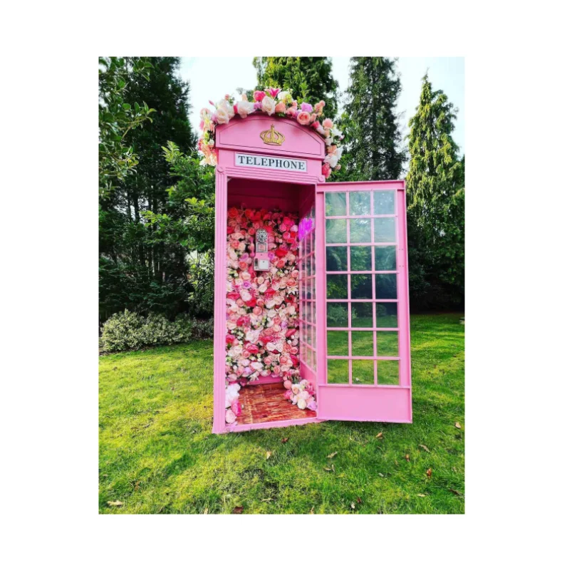 Hot Sale London Phone Booth Antique Pink Flower Phone Booth Wedding Decoration Outdoor Phone Booth with Artificial Flowers
