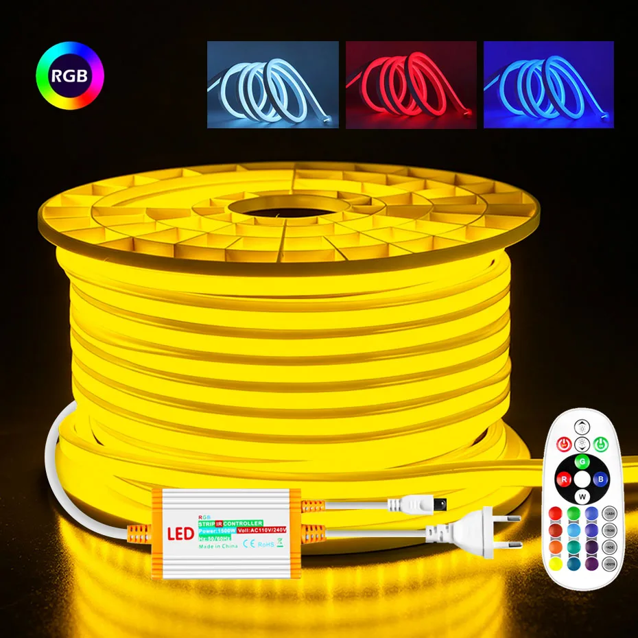 220V RGB Neon Strip Light Dimmable With Remote Control Flex Neon Light Rope Outdoor Waterproof LED Strip For Room Garden Decor