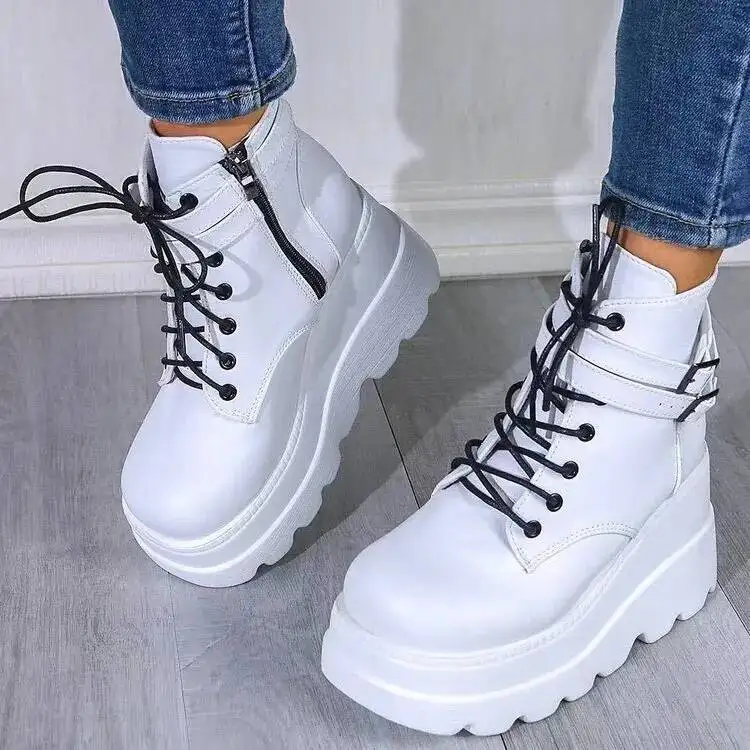 2025 Spring Summer New Thick Sole Buckle Strap Women's Fashion Short Boots Lace up height increasing boots