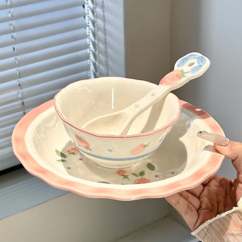 

Cute Strawberry Ceramic Bowls Underglaze Color Household Rice Bowl Dessert Bowl Vegetable Dish Pink Girl's Heart Bowls Rice Bowl