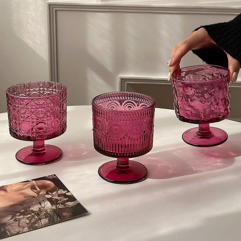 Vintage Rose Bark Texture Glass Cup High Foot Wine Glass Ins Trendy Gift Juice Cup