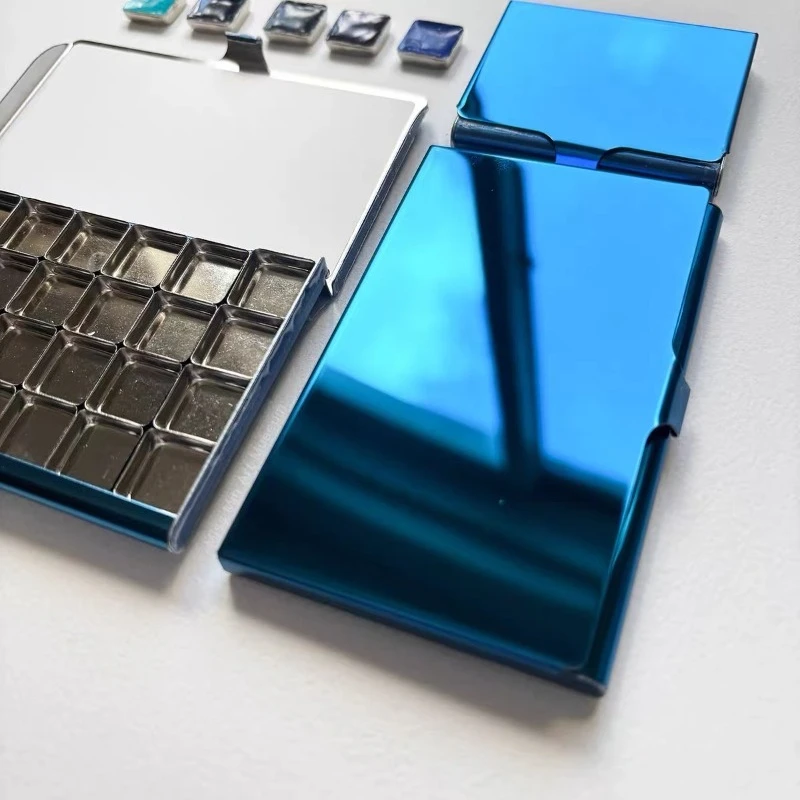 Blue Stainless Steel Ultra Thin Portable Travel Palette Watercolor Paint Box Paint Tray Magnetic Packaging Grid Art Supplies