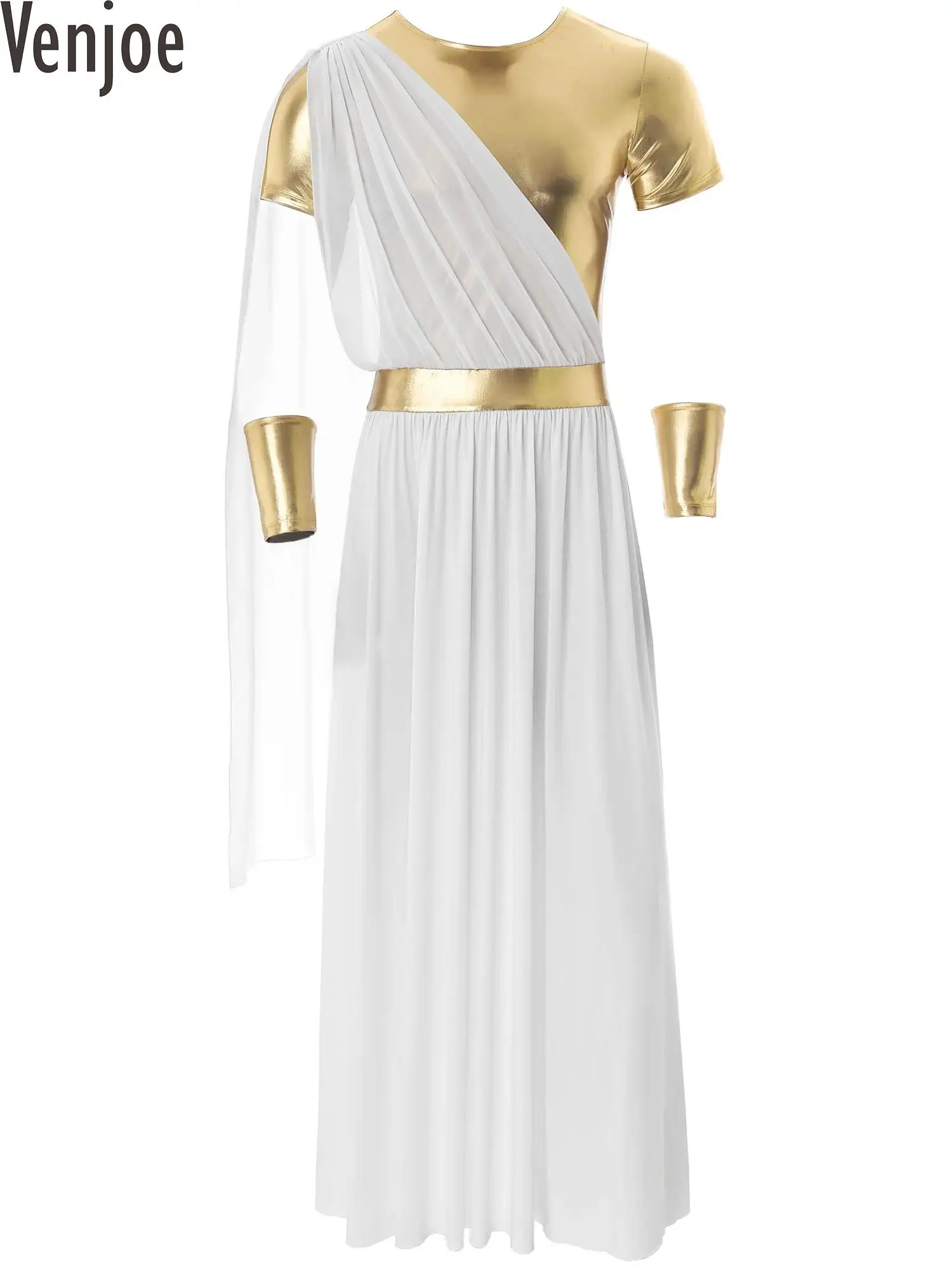 

Mens Halloween Ancient Greek Toga Costume Short Sleeve Metallic Robe Dress with Wristband Pullover Tunic Roman Cosplay Costumes