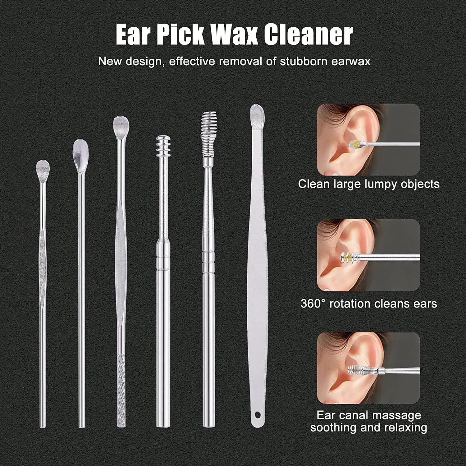 6Pcs Stainless Steel Ear Wax Removal Kit Spiral Spring Ear Picks with Leather Storage Pouch, 5 Colors Available