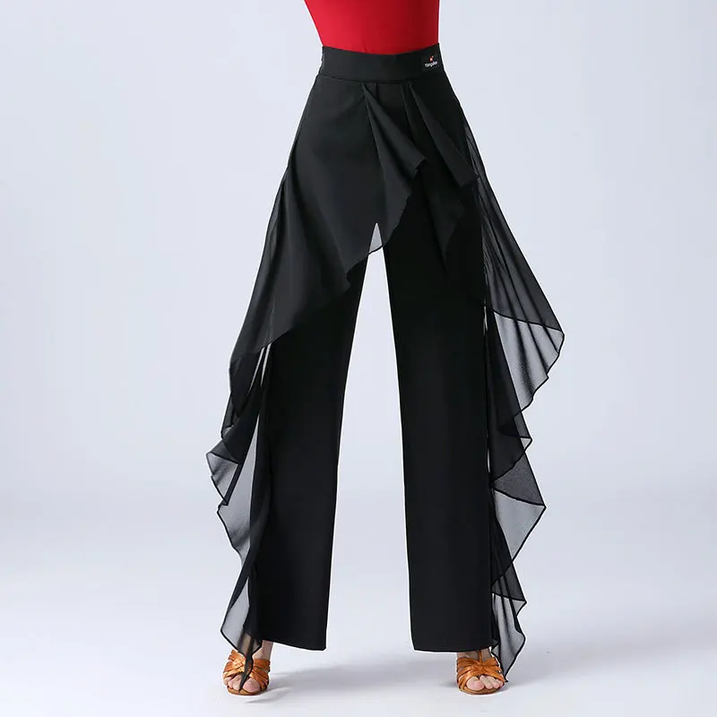 Pantalones de baile latino para mujer, pantalón de salón con flecos, cintura alta, pierna ancha con volantes, pantalones de rendimiento de práctica de baile moderno