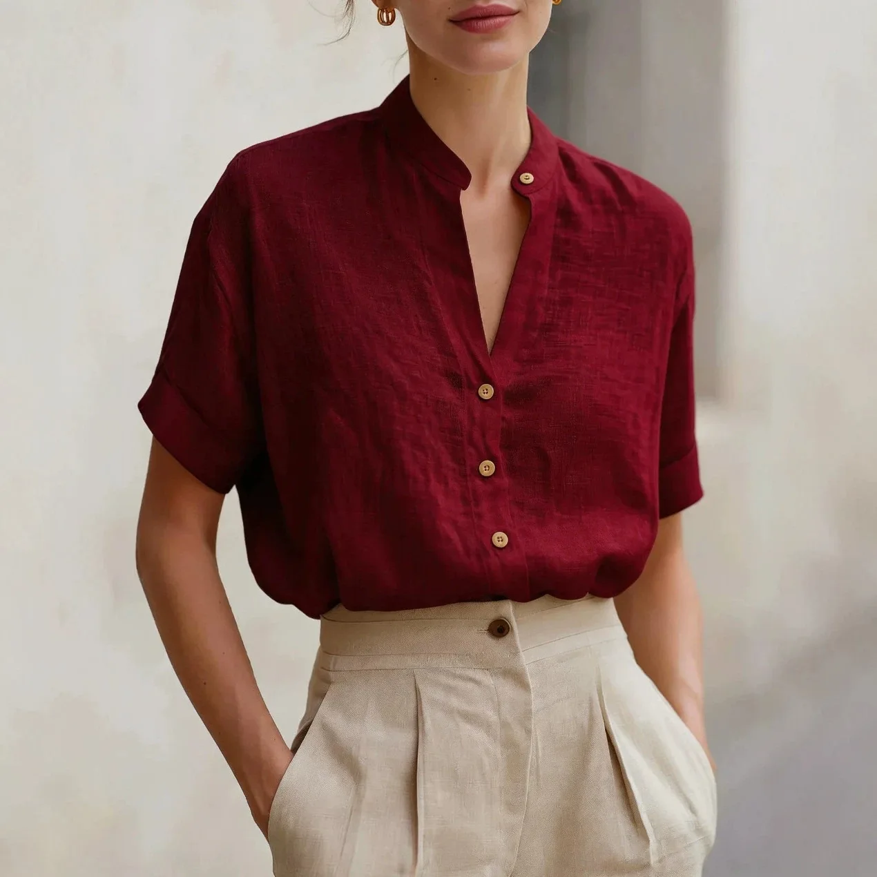 

Women's Casual Blouse Summer Linen Blend Stand Collar V-Neck Short Sleeve Button Blouses Fit Tunic Shirt For Office Daily Wear
