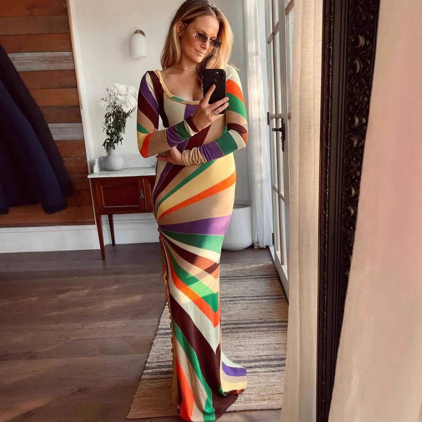 

Rainbow Striped Long Dress Fashion Long Sleeve Off Shoulder Slim Fit Beach Dress 2026 Summer Bohemian Printed Dress Vestidos