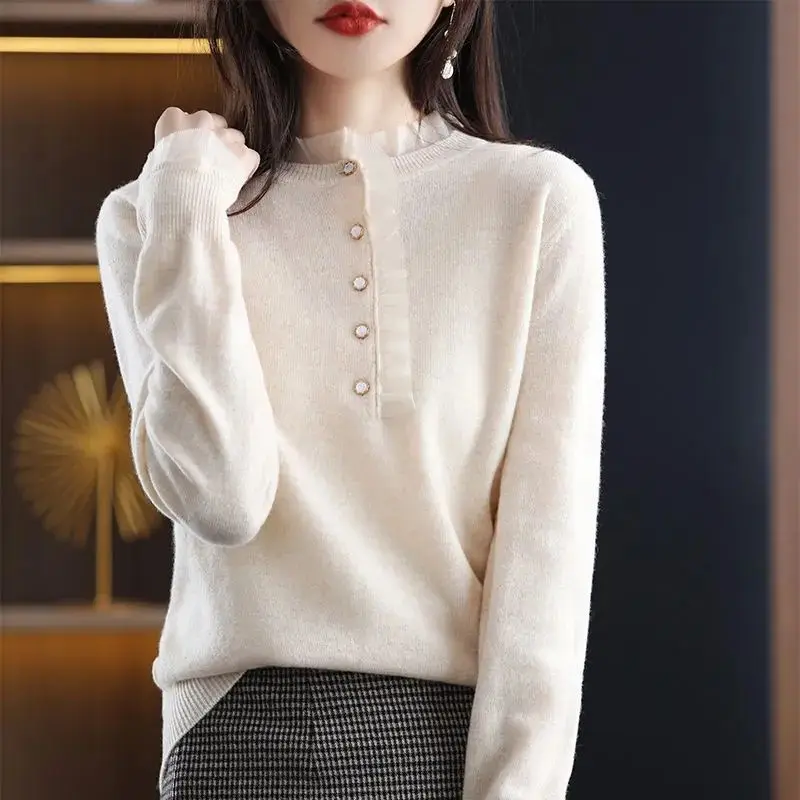 Women Autumn Winter Simplicity Loose Net Yarn Solid Color O-neck Long Sleeve Knitwear Ladies Casual All-match Knitting Tops