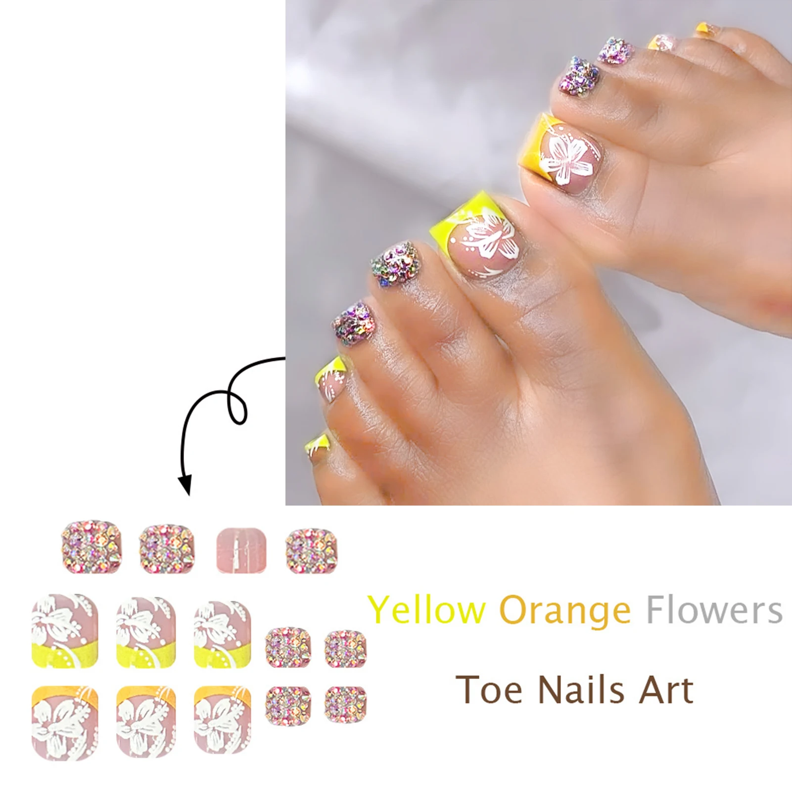 24 stuks zomer nep teennagels gele Franse tips druk op teennagels glanzende diamant decor bloem gedrukt draagbare valse nagel voor voet