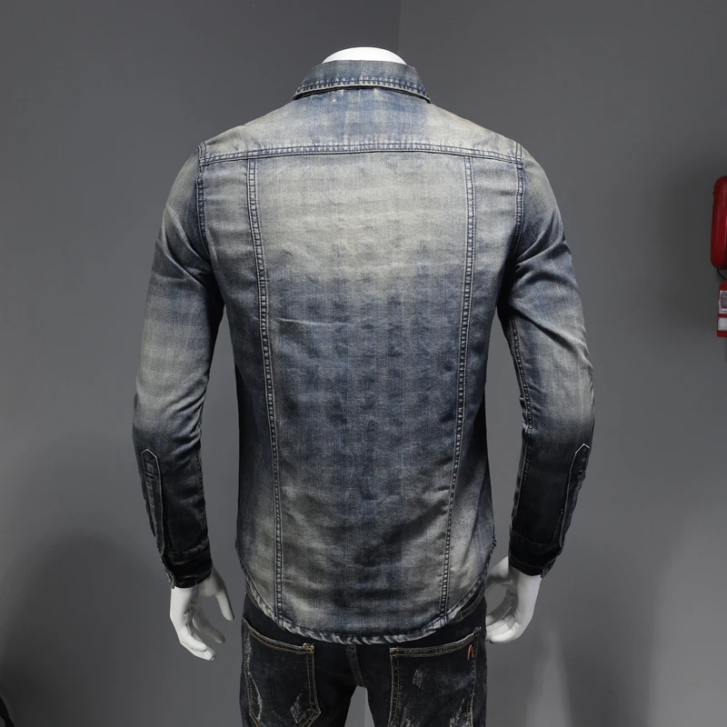 2024 New Men's High-quality Fashion Handsome Business Leisure Europe and The United States Slim Plaid Denim Shirt  M-3XL