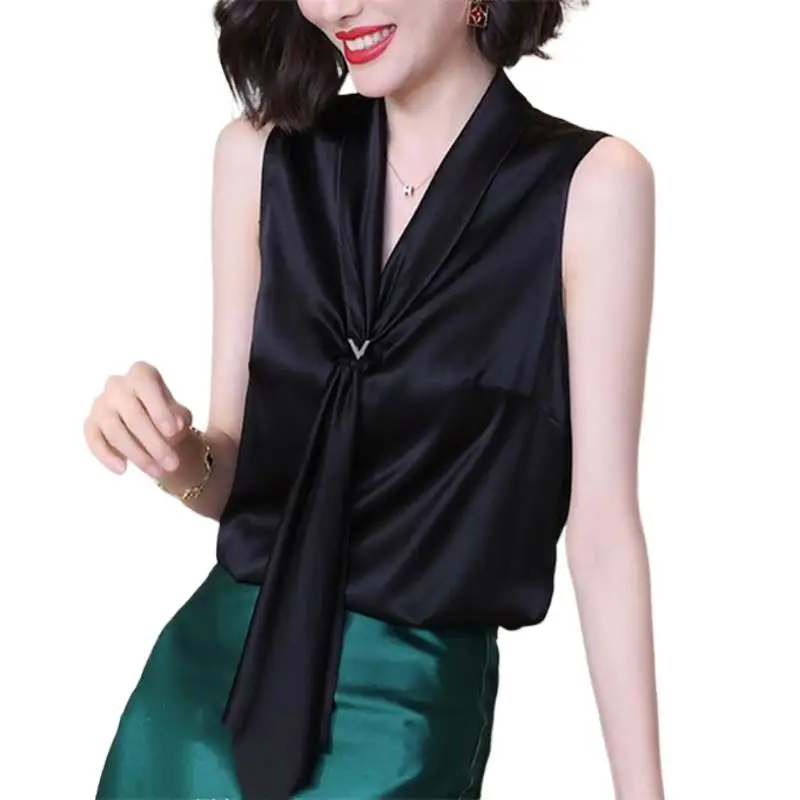 New Fashion women black white scarf collar Acetate satin Shirt office lady elegant basic wild silk stain Blouse roupas femininas