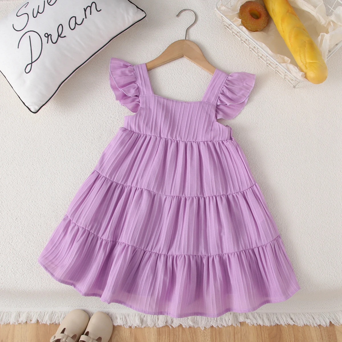 Summer Style Children Clothing Flying Sleeve Solid Color Pleated Princess Cake Dress Girls Costume