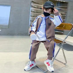 Boys Suit Coat +Pants Cotton 2Pcs/Sets 2023 Brown Spring Autumn Thicken Sports Sets Kid Breathable Children Clothing