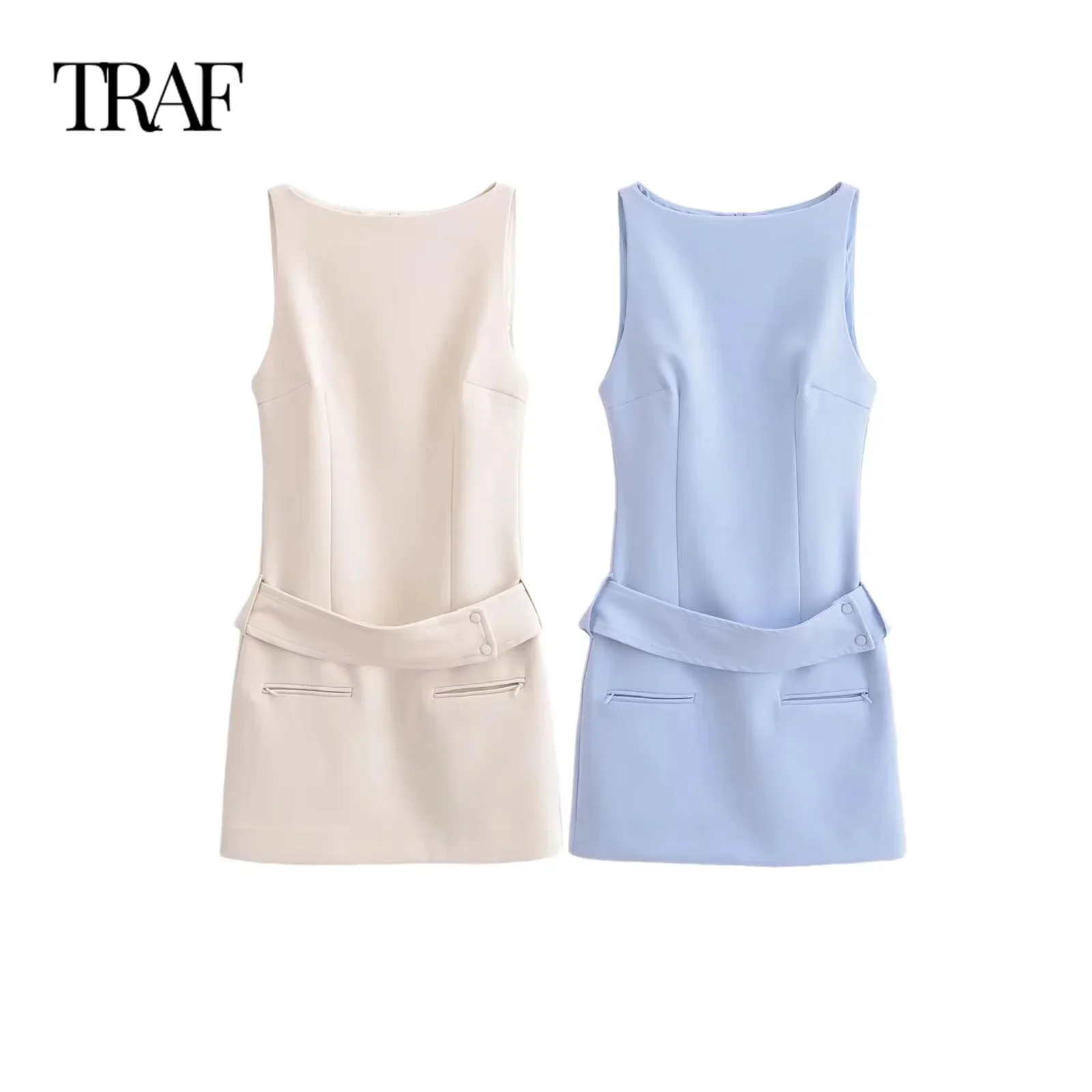 TRAF Women Fashion Summer New Solid Color Back Zipper Pocket Belt O-Neck Vest Short Dress Chic Female Sleeveless Evening