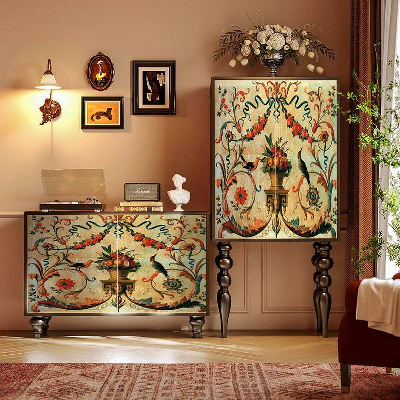 Oriental aesthetics solid wood lacquer painting cabinet household living room tall storage cabinet study wall storage cabinet