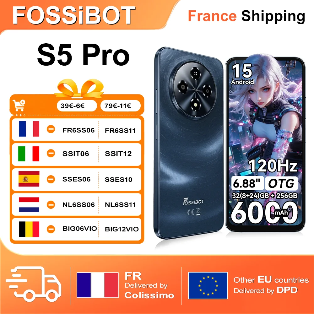 Fossibot S5 Pro Smartphone, Écran HD+ 6,88", 32(8+24)GB+256GB, Android 15, 6000mAh, 120Hz, OTG, Appareil Photo 50MP, Empreinte Digitale Latérale, Élégant et Portable
