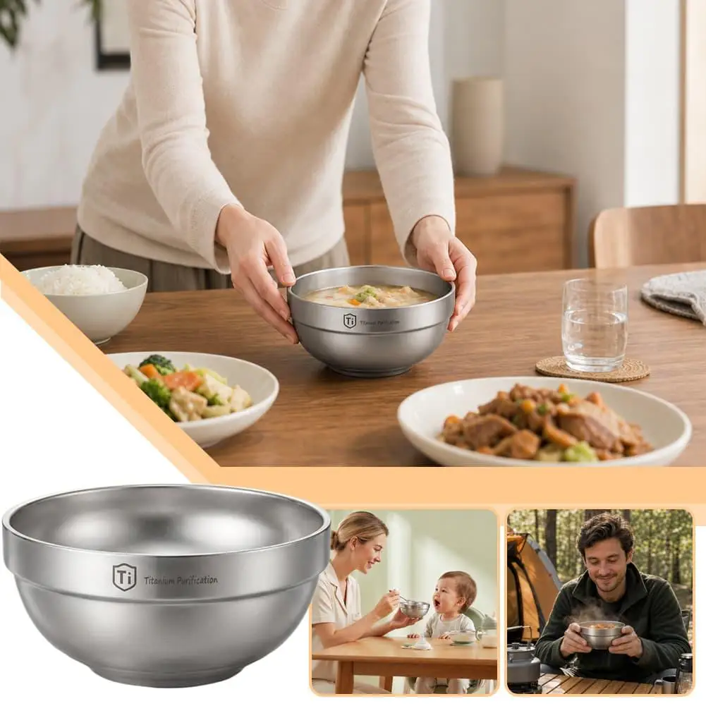 Titanium Anti-Scald Double Layer Bowl Antibacterial Stackable Soup Rice Bowl For Camping Hiking Home Restaurant Tableware