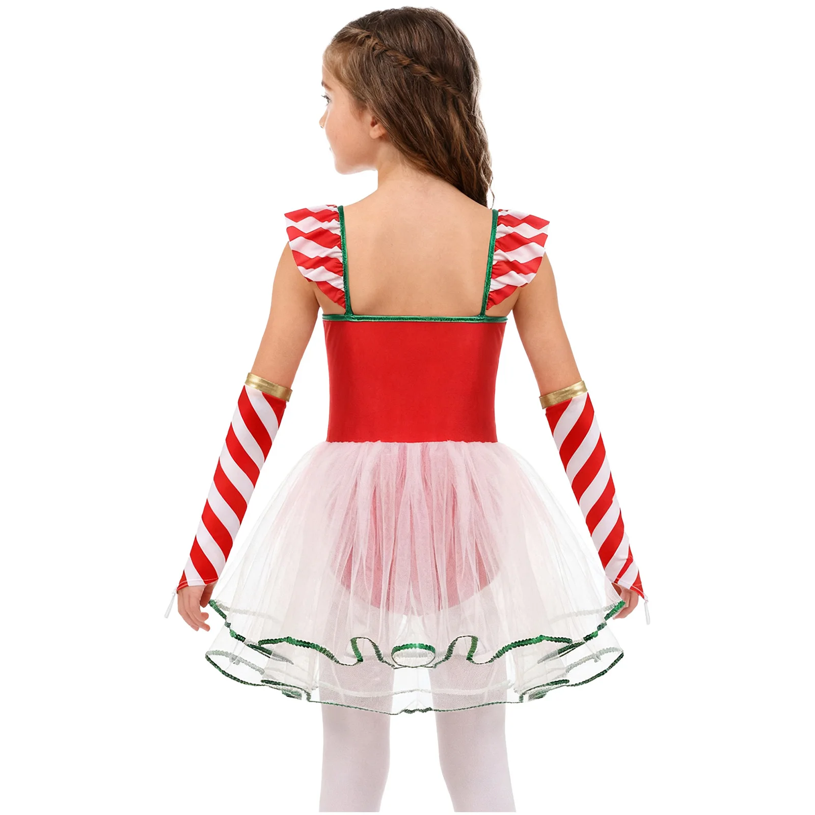 أطفال بنات الترتر عيد الميلاد ملابس رقص قصب الحلوى مخطط Bowknot شبكة الباليه توتو فستان + بأكمام طويلة سانتا التزلج ثياب #4