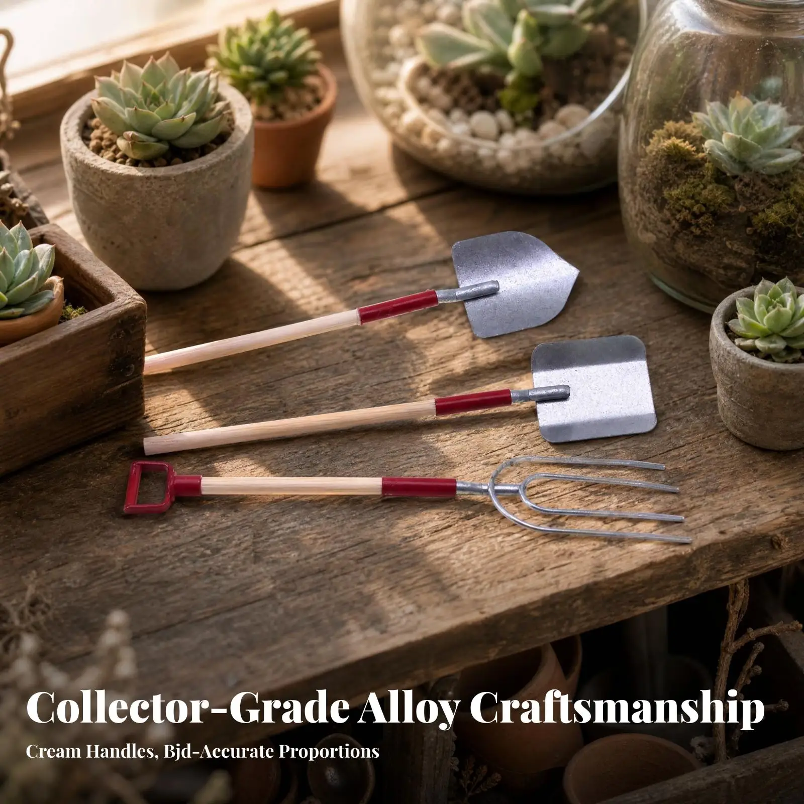Decorative Miniature Garden Tools Set with Alloy Metal Spade Cultivator for Doll House Landscape and Plant Display