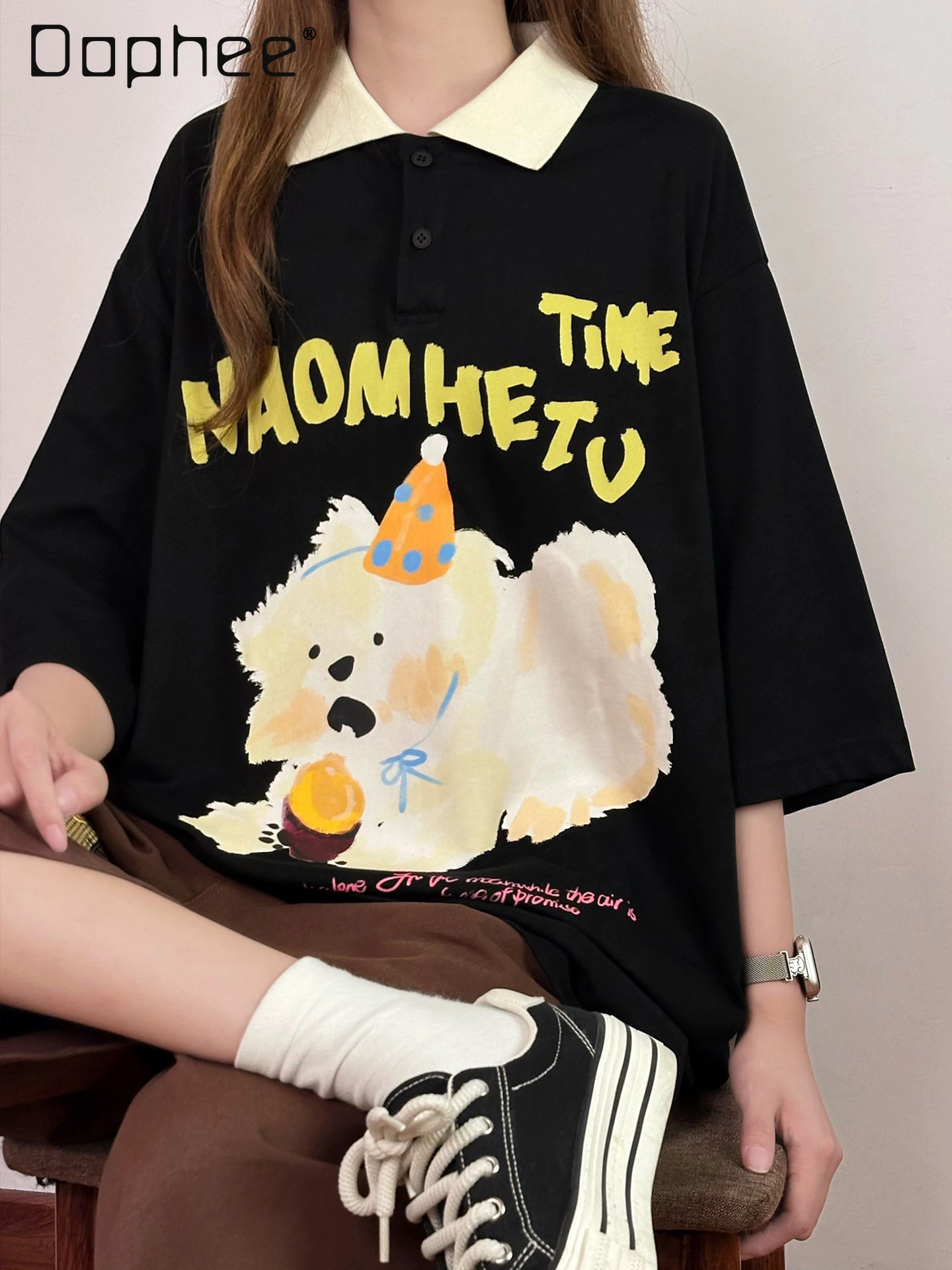 

Summer American Retro Cute Puppy Print Short-sleeved Polo Shirt Women's Loose Half-sleeved T-shirt Trendy Cartoon Black Top