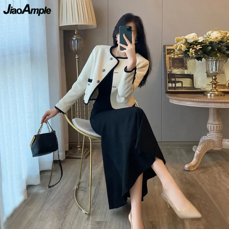 

Women's French Graceful Spring Autumn Coat Mermaid Dress Two Piece Set Lady Slim Jackets Black Dresses Outfits 2024 New Clothing