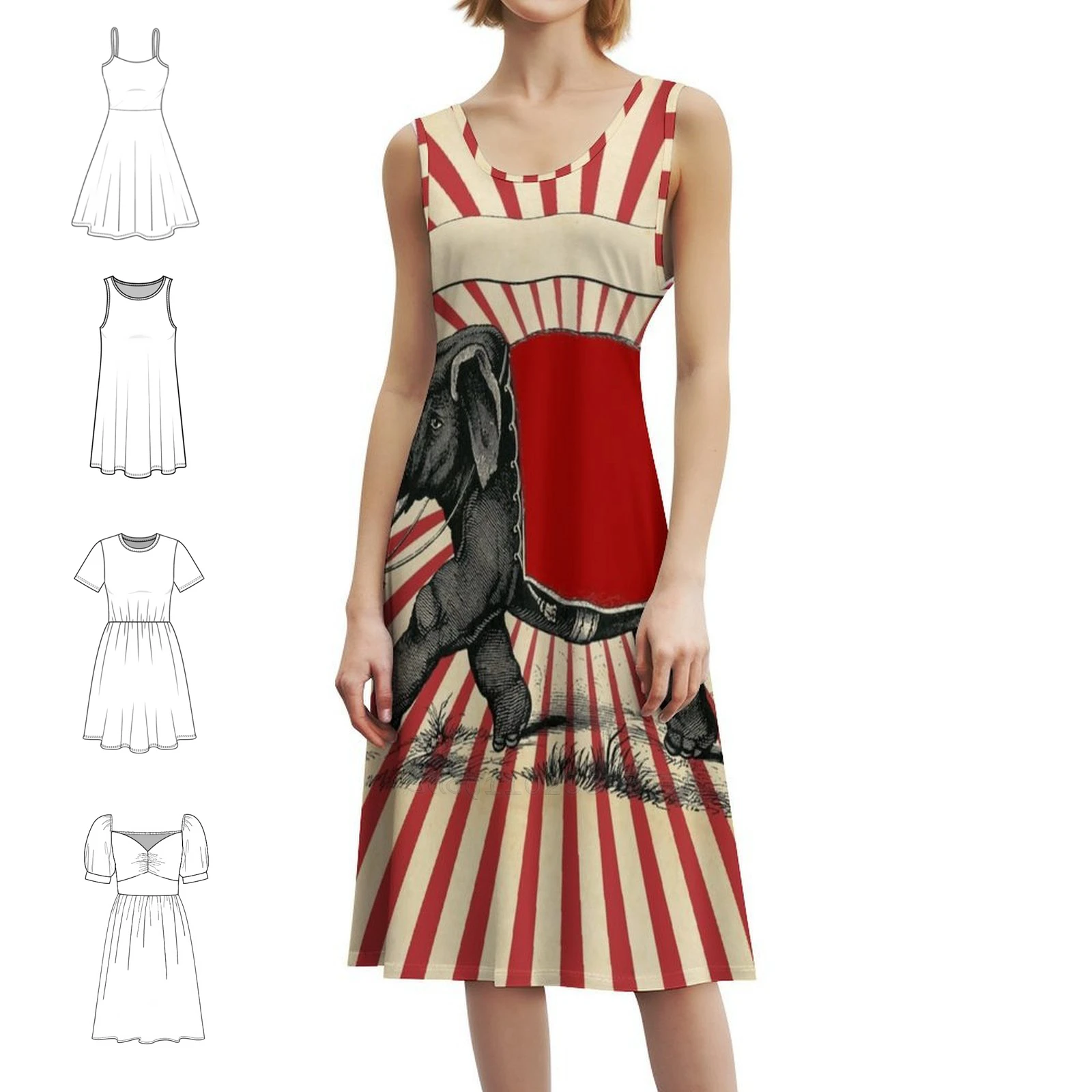 السيرك الفيل خمر المشارك البوب جدار الشارع الفن Preppy نمط فستان قصير للنساء ألف خط فضفاض صالح فستان يوم غير رسمي السيرك #1