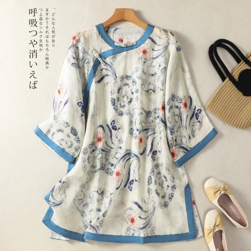 Chinese Vintage Ramie Long Blouse Women Summer New Frog Buttons Stand Collar Shirts Print Blue and White Porcelain Tops